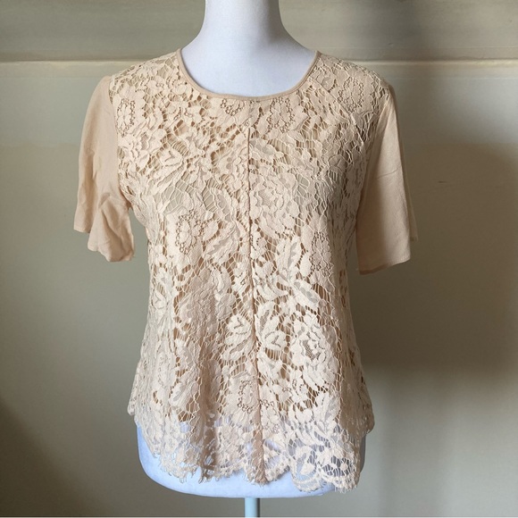 Aijek Short Sleeve Scalloped Hem Blush Floral Lace Blouse size 3 - Picture 6 of 6
